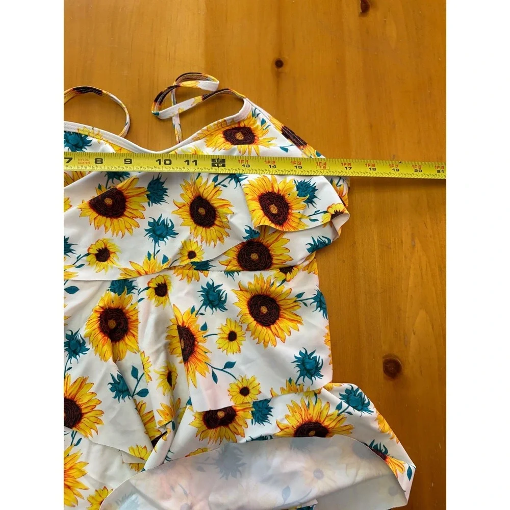 Sunflower Print Ruffle Tankini Set with Black Boy‎ Shorts 2XL Floral Swimsuit